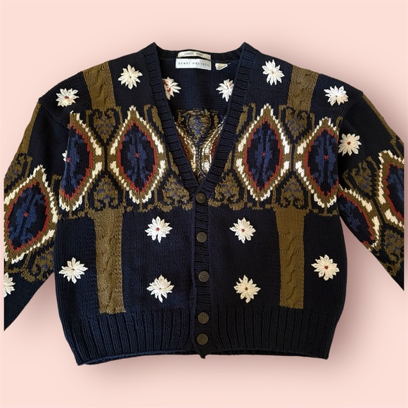 Vintage Henry Grethel Hand Knit Cable Intarsia Floral Cotton V neck Cardigan M - Picture 2 of 16